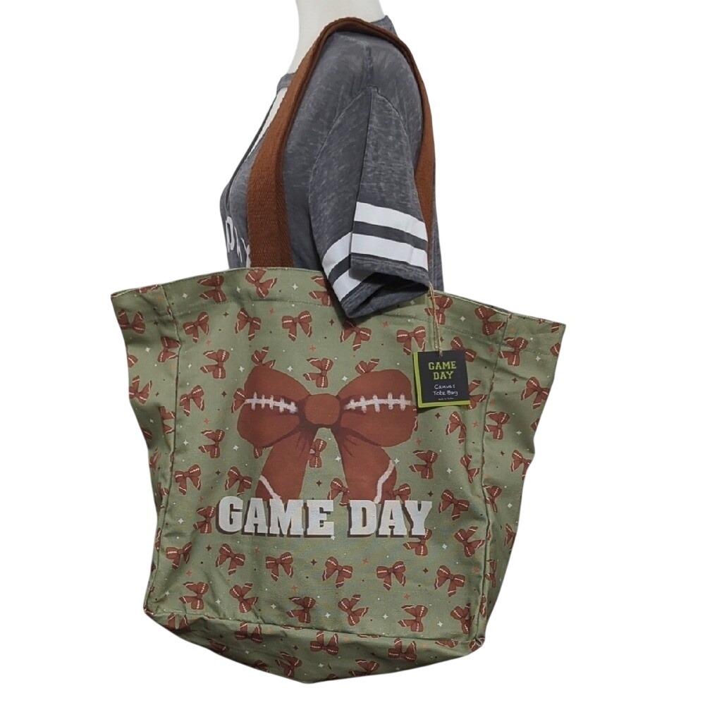 Game Day Green Brown White Football‎ Bow Tote Bag Canvas Cotton NWT Football Mom